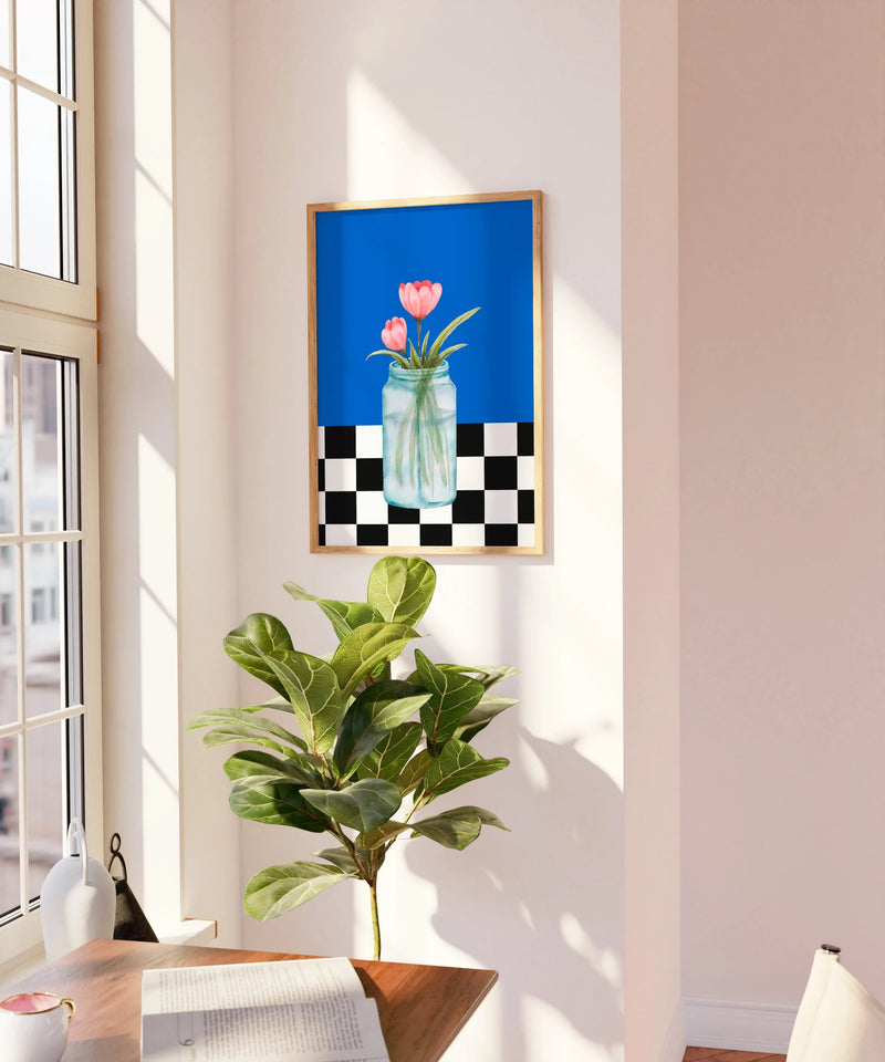 Aesthetic Checkered Vase with Flowers Art - Digital Download