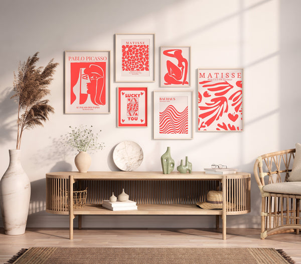 Modern Wall Art, Set of 6 Red Blossom: Matisse-Inspired Harmony