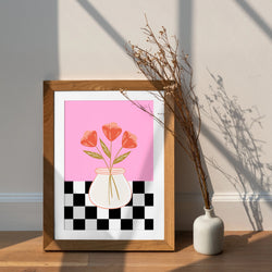 Aesthetic Checkered Vase with Flowers: Digital Download